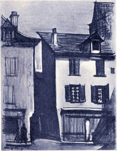 1955 - Vieilles maisons à Saint Geniez-d'Olt, Fusain sur Raisin