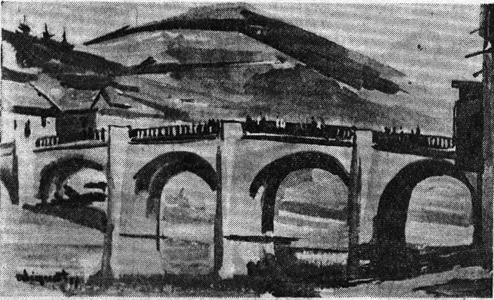 1957 - Pont sur le Lot à Saint-Geniez d'Olt, Huile (Photo de presse)