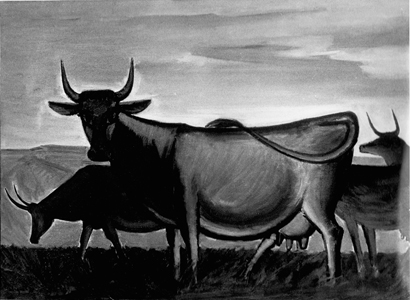 1957 - Vaches d'Aubrac, Huile, Photo noir et blanc