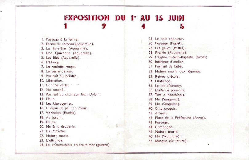 Invitation-catalogue de l'exposition à la Galerie Dujardin du 1er au 15 juin 1945 - catalogue