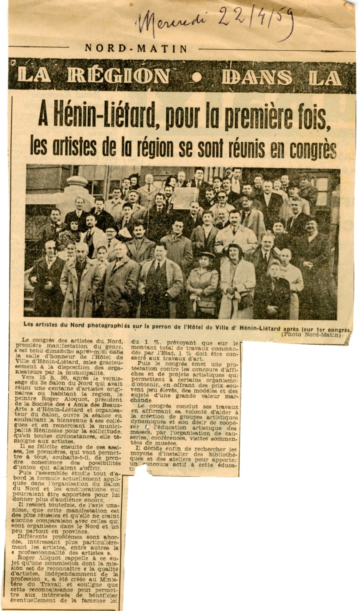 Nord-Matin : premier congrès des artistes du Nord - 19 avril 1959